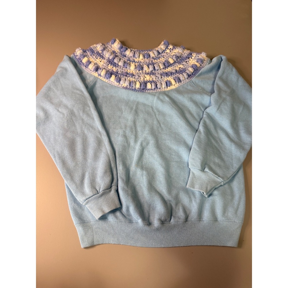Vintage 90s Handmade Crochet Yoke Sweatshirt Light Blue Boho Cottagecore L
